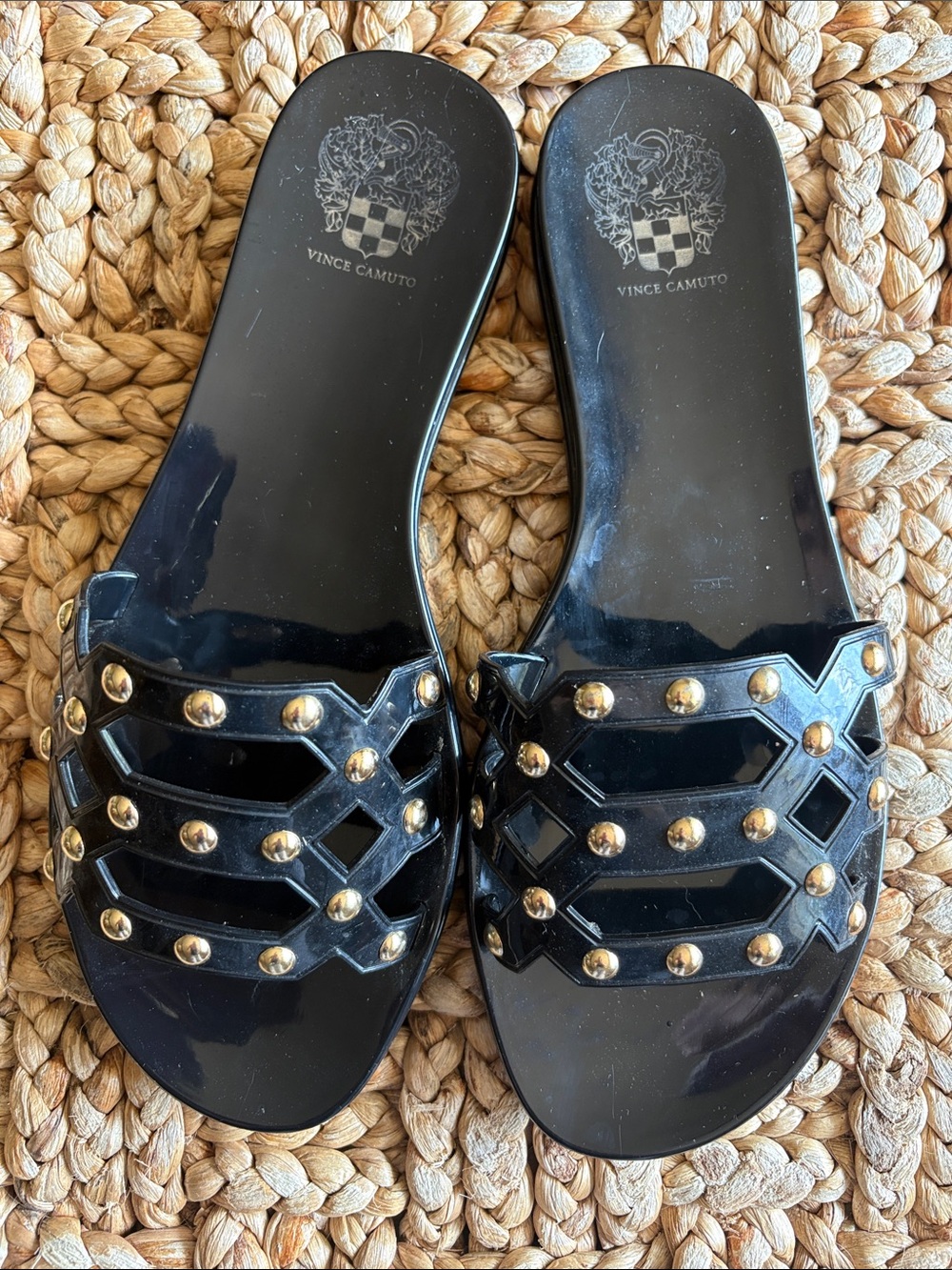 Vince Camuto Black Slide Sandals with Gold Studs-size 8